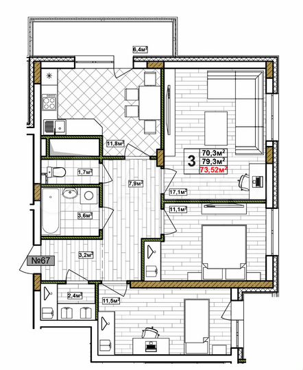 3-к. квартира, 73,5 м², 17/17 эт.