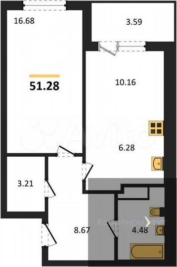 1-к. квартира, 51,3 м², 13/18 эт.