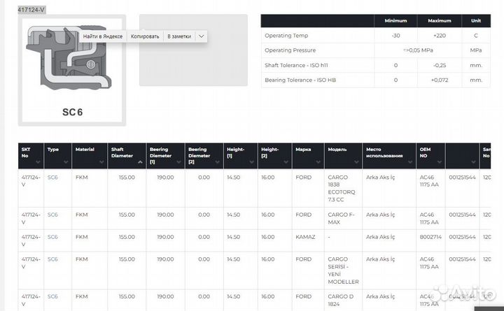 Сальник 155*190*14.5/16 (417124-V) SC6