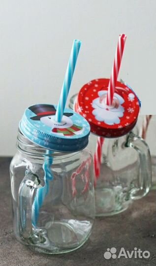 Кружки стеклянные с крышкой +труб. (новогодн.тема)