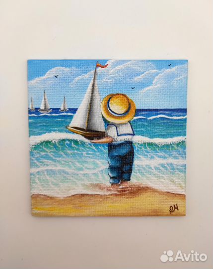 Магнит картина акрилом Мальчик с корабликом