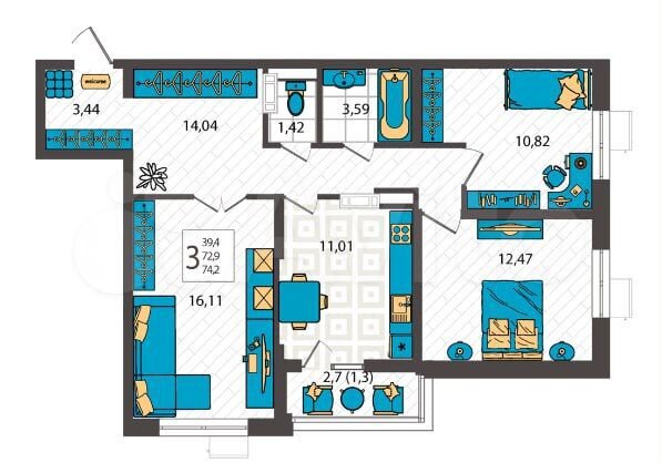 3-к. квартира, 74,2 м², 1/9 эт.