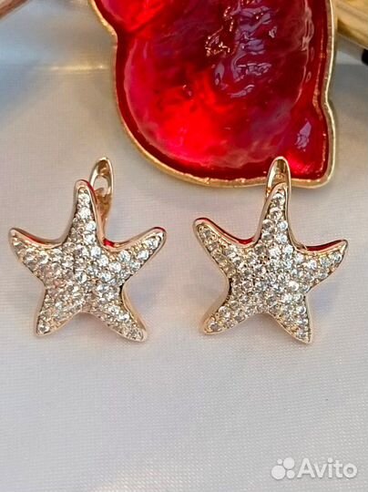 Серьги морская звезда покрытие золото фианиты