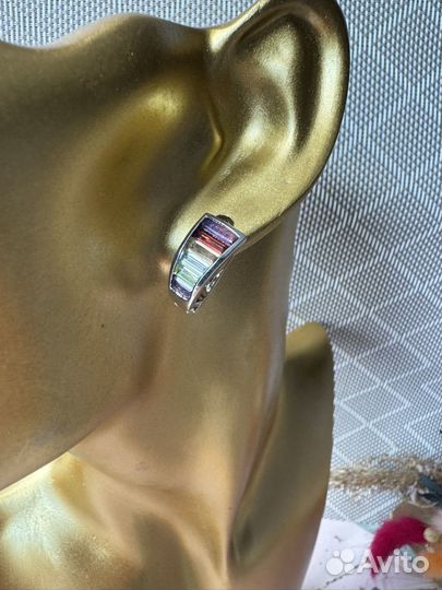 Серьги кольцо серебро 925 мультикамни новый набор