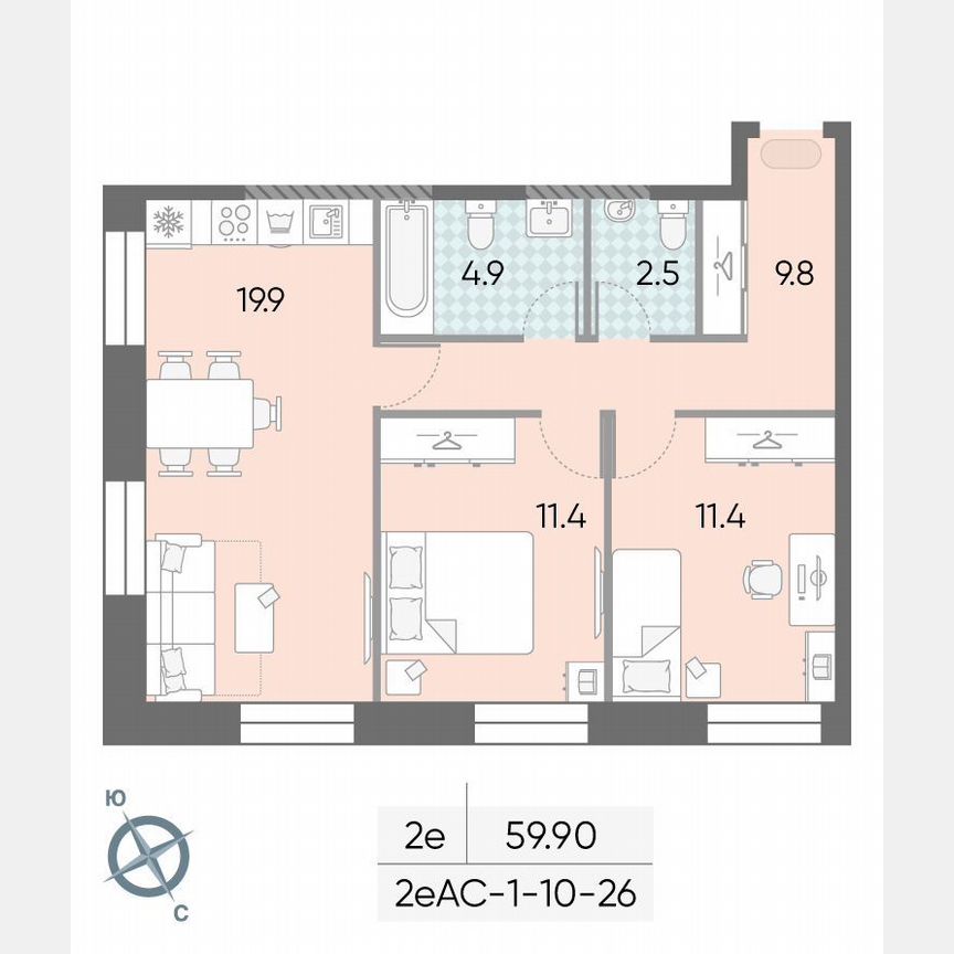 2-к. квартира, 59,9 м², 26/28 эт.