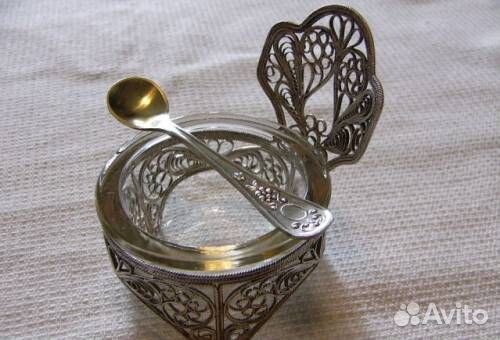 Солонка скань мельхиоровая с ложечкой СССР