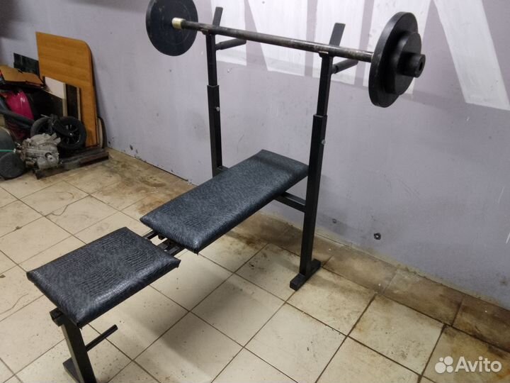 Стойка + скамья + брусья + штанга