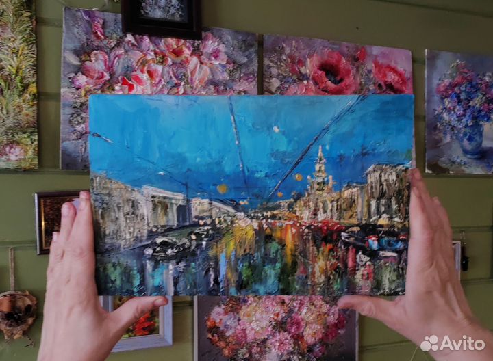 Картина маслом с городским пейзажем.Москва вечерня