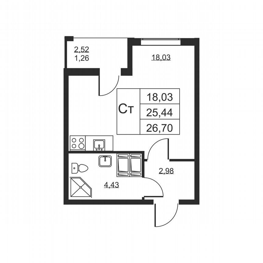 Квартира-студия, 26,7 м², 14/19 эт.