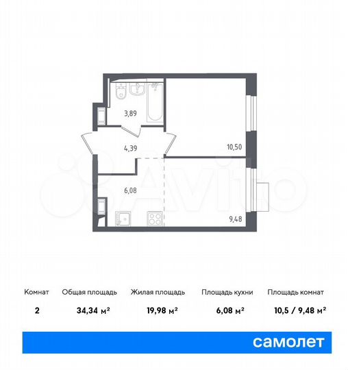 2-к. квартира, 34,3 м², 12/12 эт.