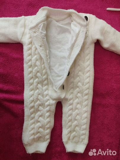 Комбинезон вязаный, шапочка, пинетки, шарф 68 разм