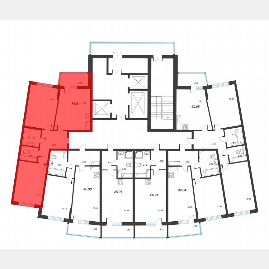 2-к. квартира, 58,6 м², 13/22 эт.
