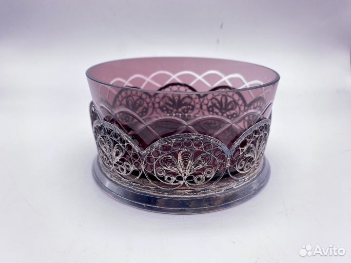 Ваза-конфетница, цветное стекло, мельхиор, СССР