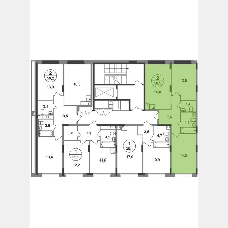 2-к. квартира, 58,5 м², 2/17 эт.