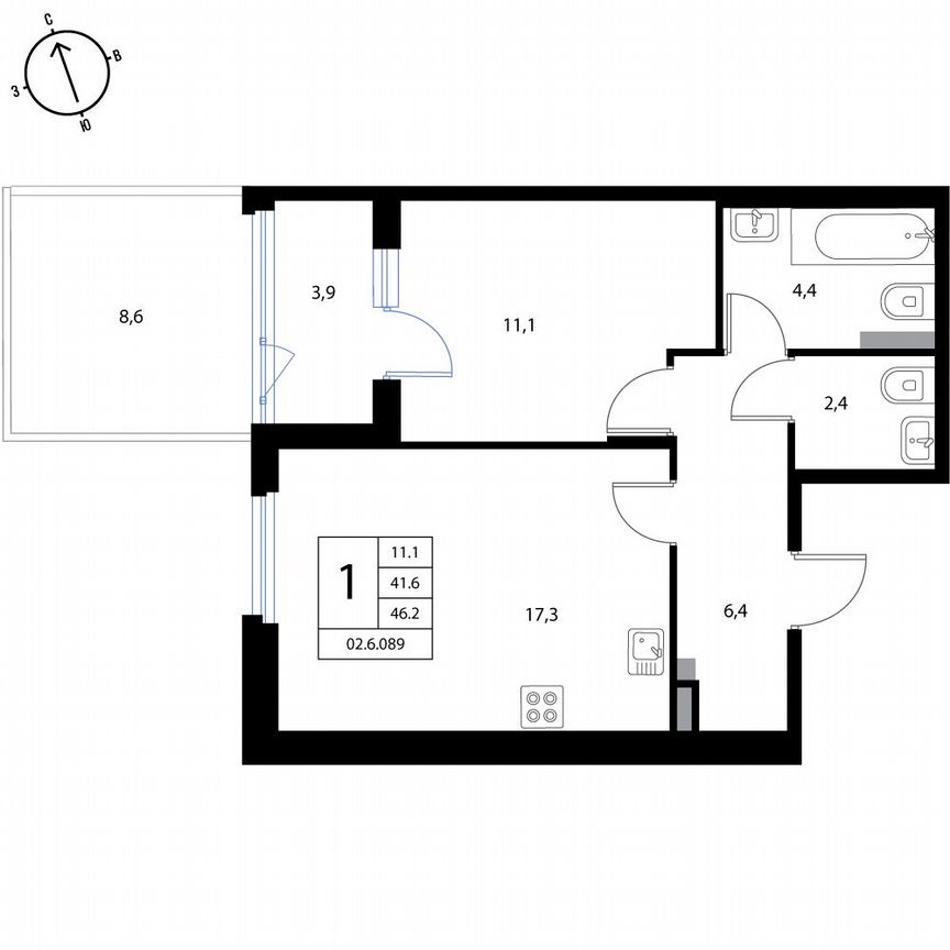 1-к. квартира, 46,2 м², 1/3 эт.