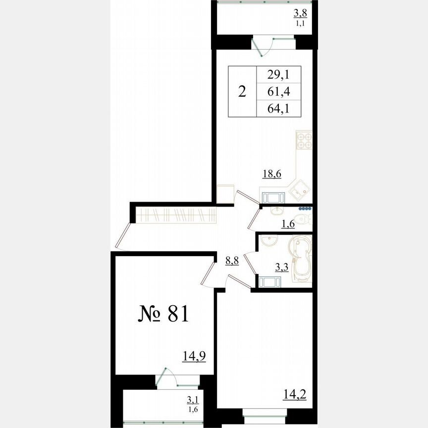 2-к. квартира, 64,1 м², 2/8 эт.
