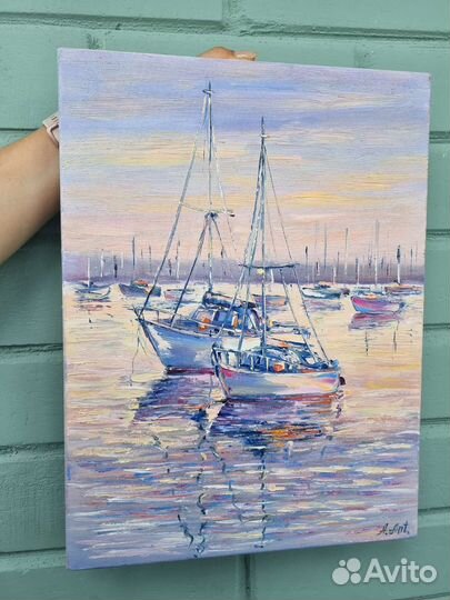 Картина маслом лодки морской пейзаж море на холсте