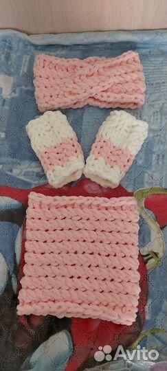 Снуд для девочки + повязка + митенки