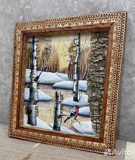 Картина на бересте. р.39х36. Береза.Ручная работа