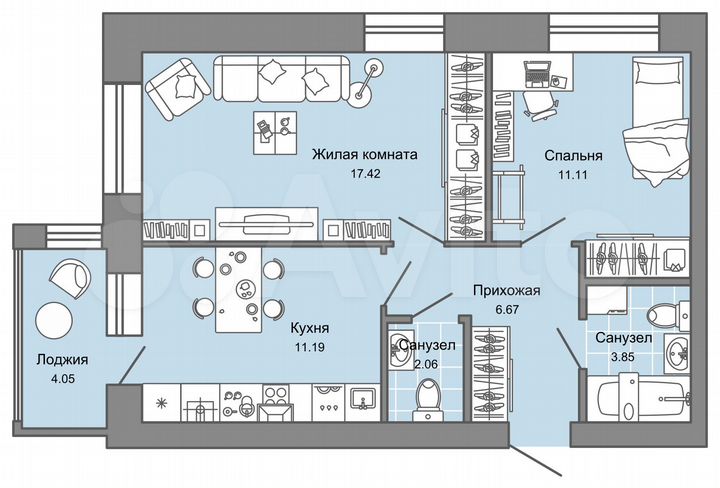 2-к. квартира, 54 м², 2/4 эт.