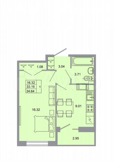 1-к. квартира, 34,6 м², 13/20 эт.