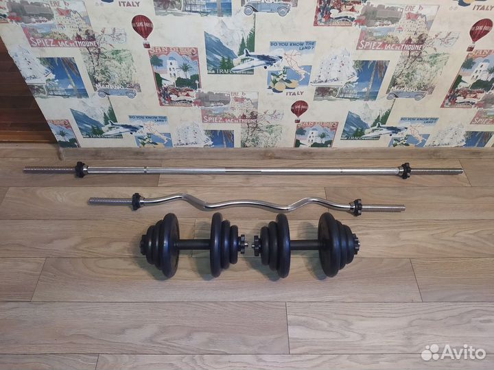 Штанга изогнутая 40, прямая 43,1, гантели по 19