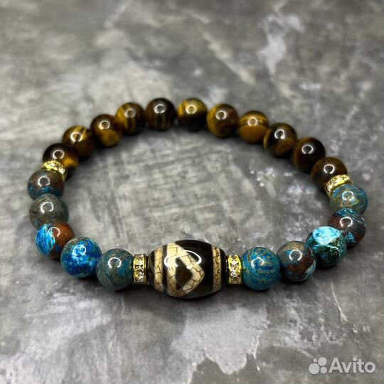 Браслет Дзи 1 глаз хризоколла и тигровый глаз