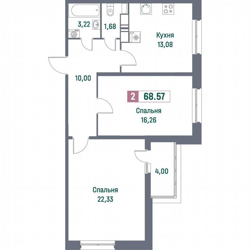 2-к. квартира, 68,6 м², 9/16 эт.