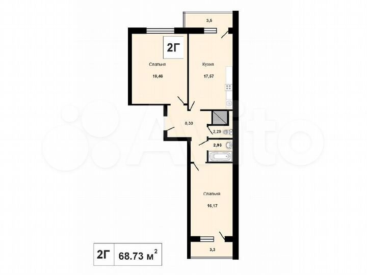 2-к. квартира, 68,3 м², 2/23 эт.