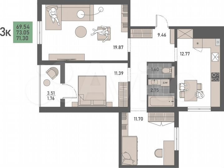 3-к. квартира, 73 м², 4/9 эт.