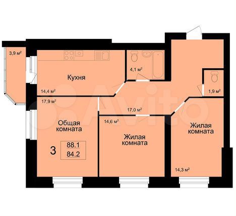 3-к. квартира, 86,4 м², 2/9 эт.
