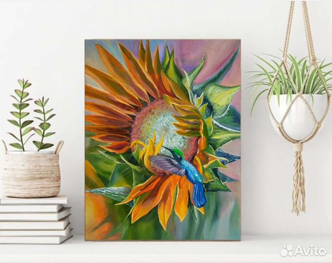 Картина маслом интерьерная Подсолнух с птичкой