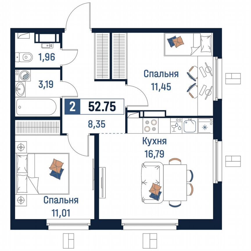 2-к. квартира, 52,8 м², 8/18 эт.