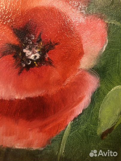 Картина маслом, красные маки, мдф 30х40