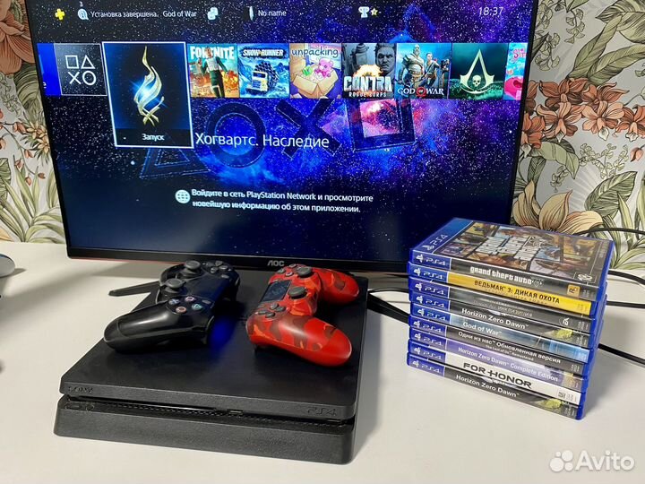 PS4 Slim 1Tb / много игр / 2 геймпада / hogwarts