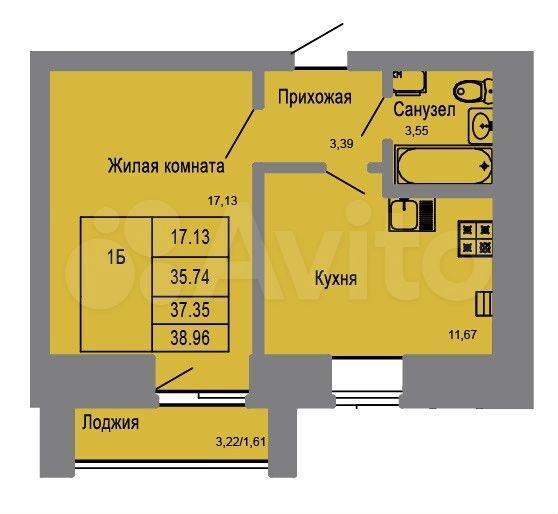 1-к. квартира, 37,4 м², 1/9 эт.