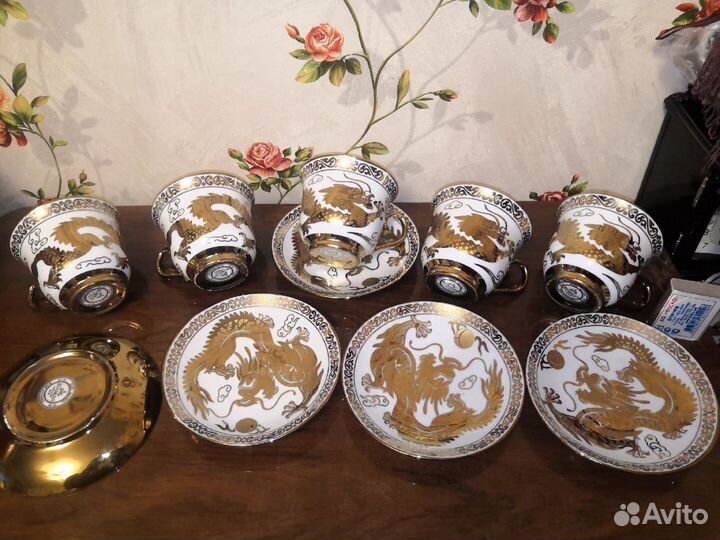 Чайная пара золотой дракон,посуда тарелки Китая