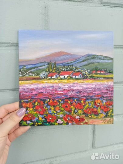 Картина маки пейзаж маслом цветы миниатюра