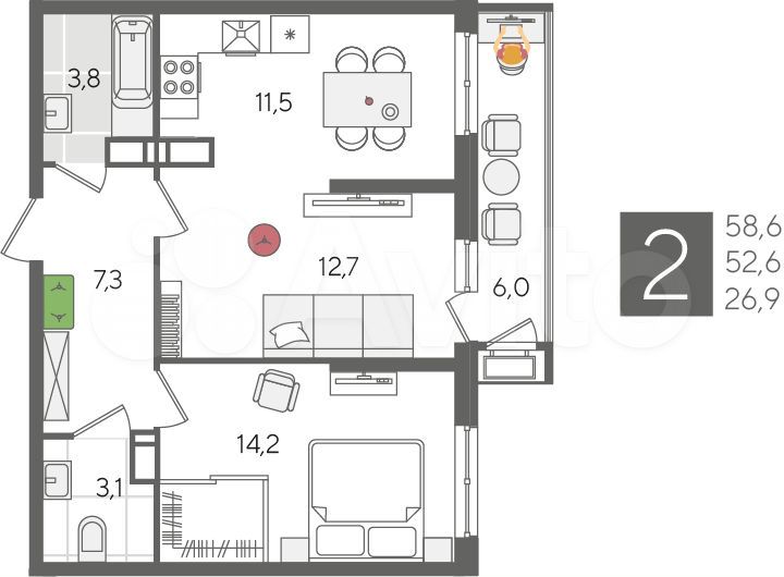 2-к. квартира, 58,6 м², 19/24 эт.