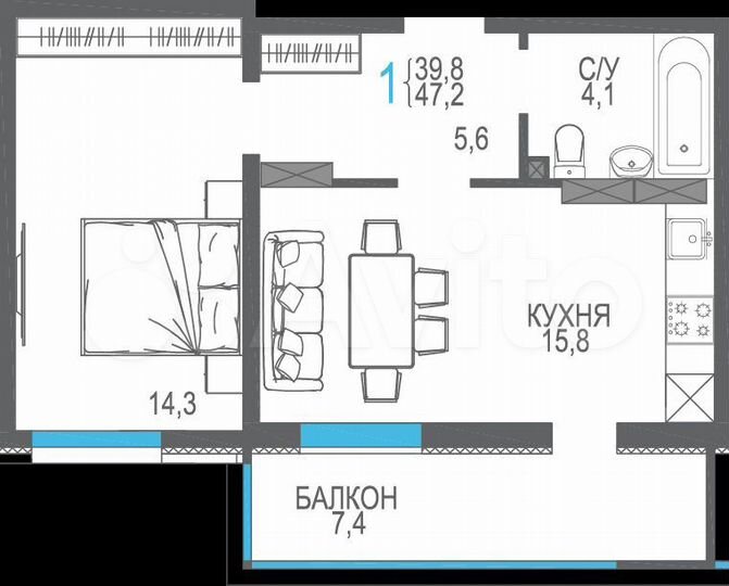 1-к. квартира, 47,2 м², 9/9 эт.