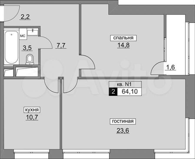 2-к. квартира, 63,8 м², 2/22 эт.