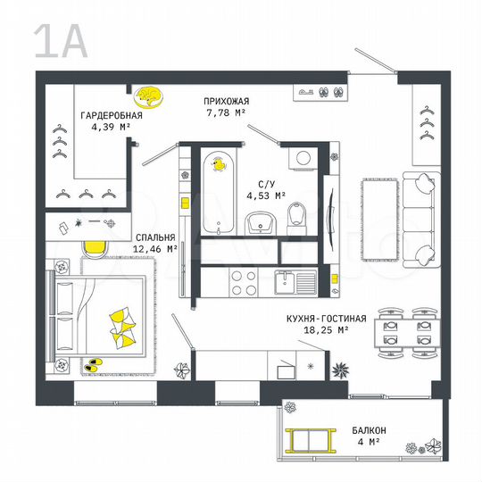 1-к. квартира, 51,4 м², 9/25 эт.