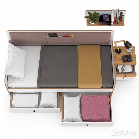 Молодёжная кровать с ящиками Вуди с тумбочкой и полкой, цвет белый премиум/дуб крафт золотой/саванна