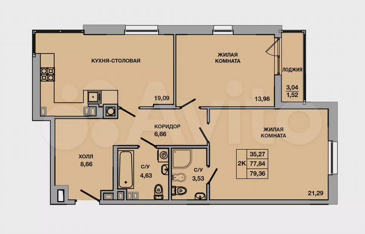 2-к. квартира, 79,4 м², 6/8 эт.