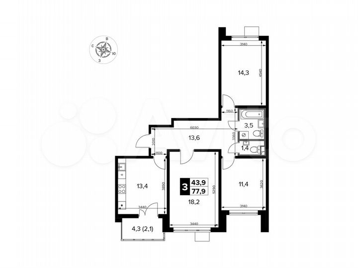 3-к. квартира, 77,9 м², 18/24 эт.