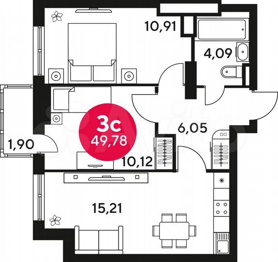 2-к. квартира, 49,7 м², 10/25 эт.