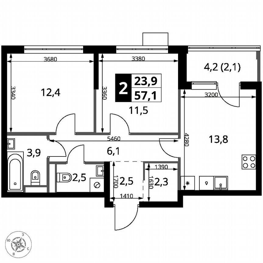 2-к. квартира, 57,1 м², 15/18 эт.