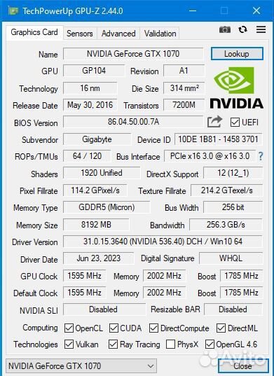 Gigabyte GeForce GTX 1070 G1 gaming 8192MB 256bit