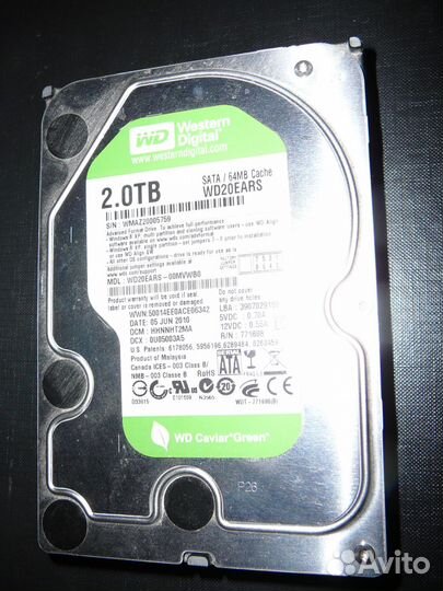 HDD Винчестер 2000Гб 2000Gb 2Tb wd20ears-00mvwb0