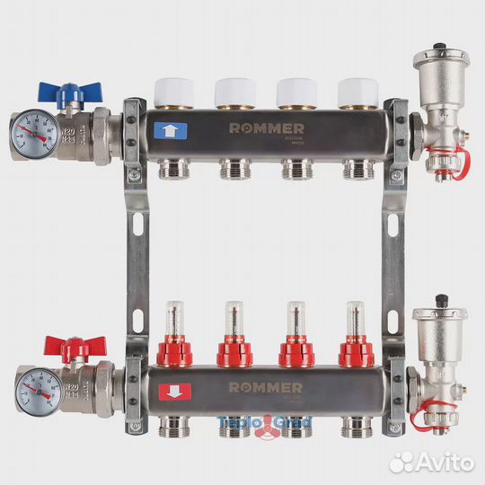 Коллектор Rommer в сборе с расходомерами 4 выхода